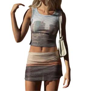 Women Summer 2 Pieces Outfits Fashion Print Sleeveless Crew Neck Tank Tops and Mesh Sheer Mini Skirts Set