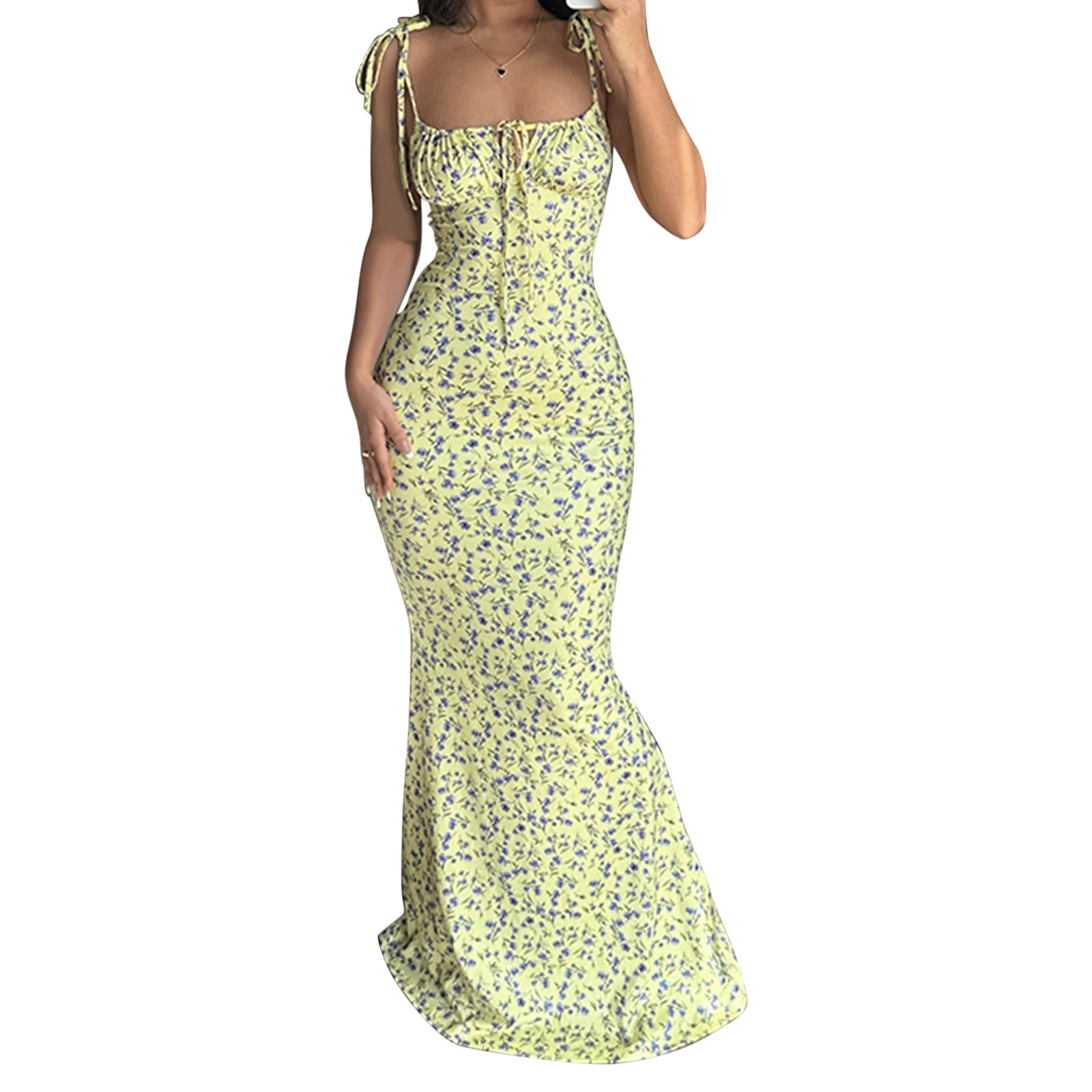 Elegant Floral Print Spaghetti Strap Dress with Drawstring Waist and Fit Design Ideal for Summer and Spring Events - Image 3