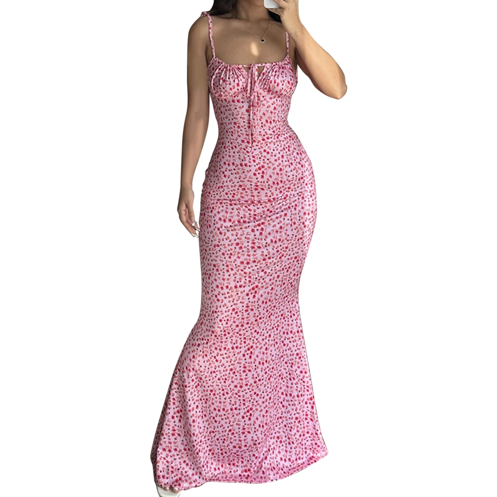 Elegant Floral Print Spaghetti Strap Dress with Drawstring Waist and Fit Design Ideal for Summer and Spring Events