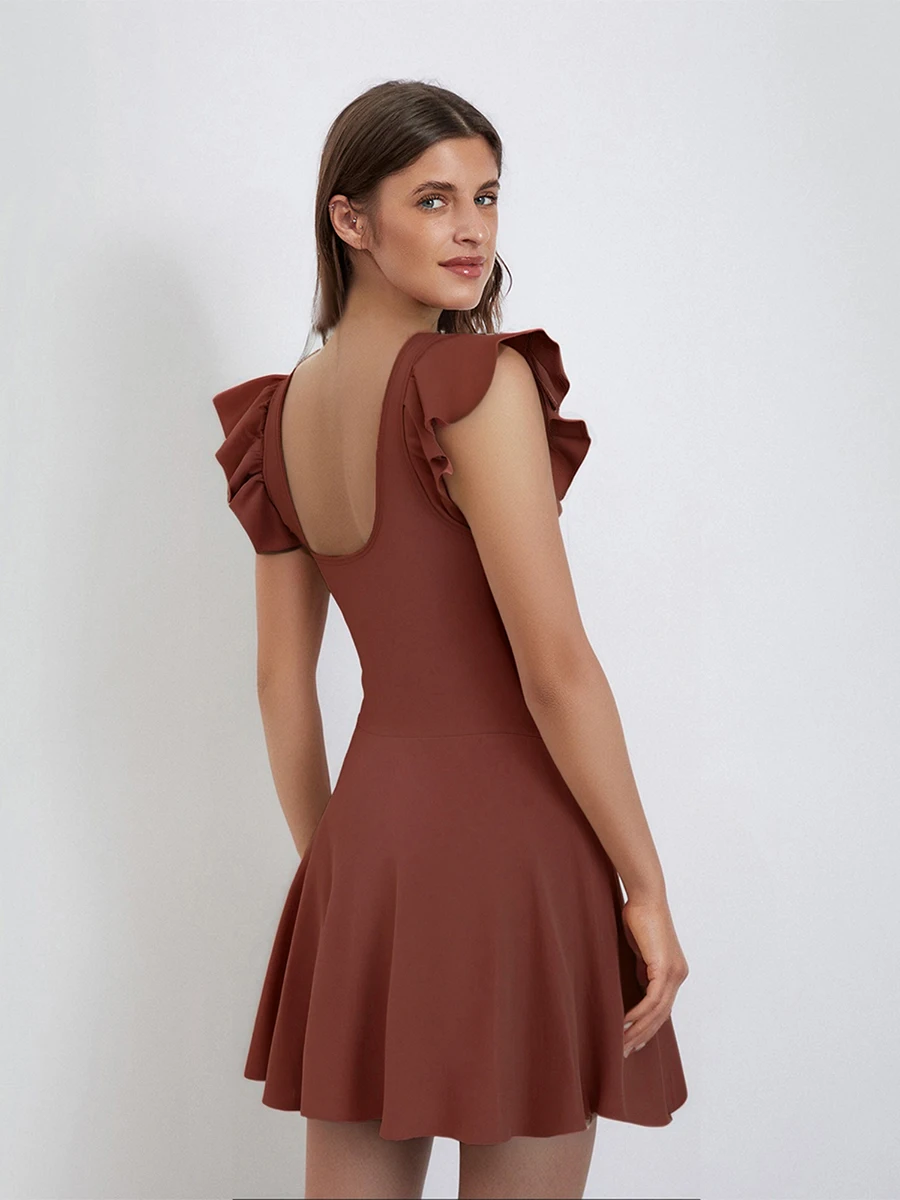 Elegant Swimsuit Dress with U Neckline Flutter Sleeves Side Tie-up Detail and Backless Design for Women - Image 4