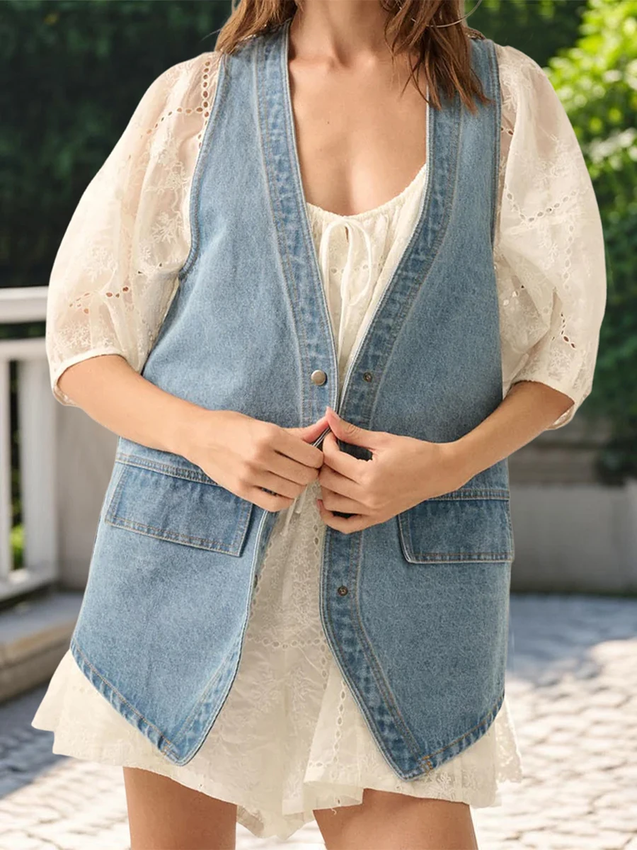 Stylish Sleeveless V Neck Denim Vest with Pockets and Button Up Closure for Women - Solid Color Tank Top Trend - Image 6