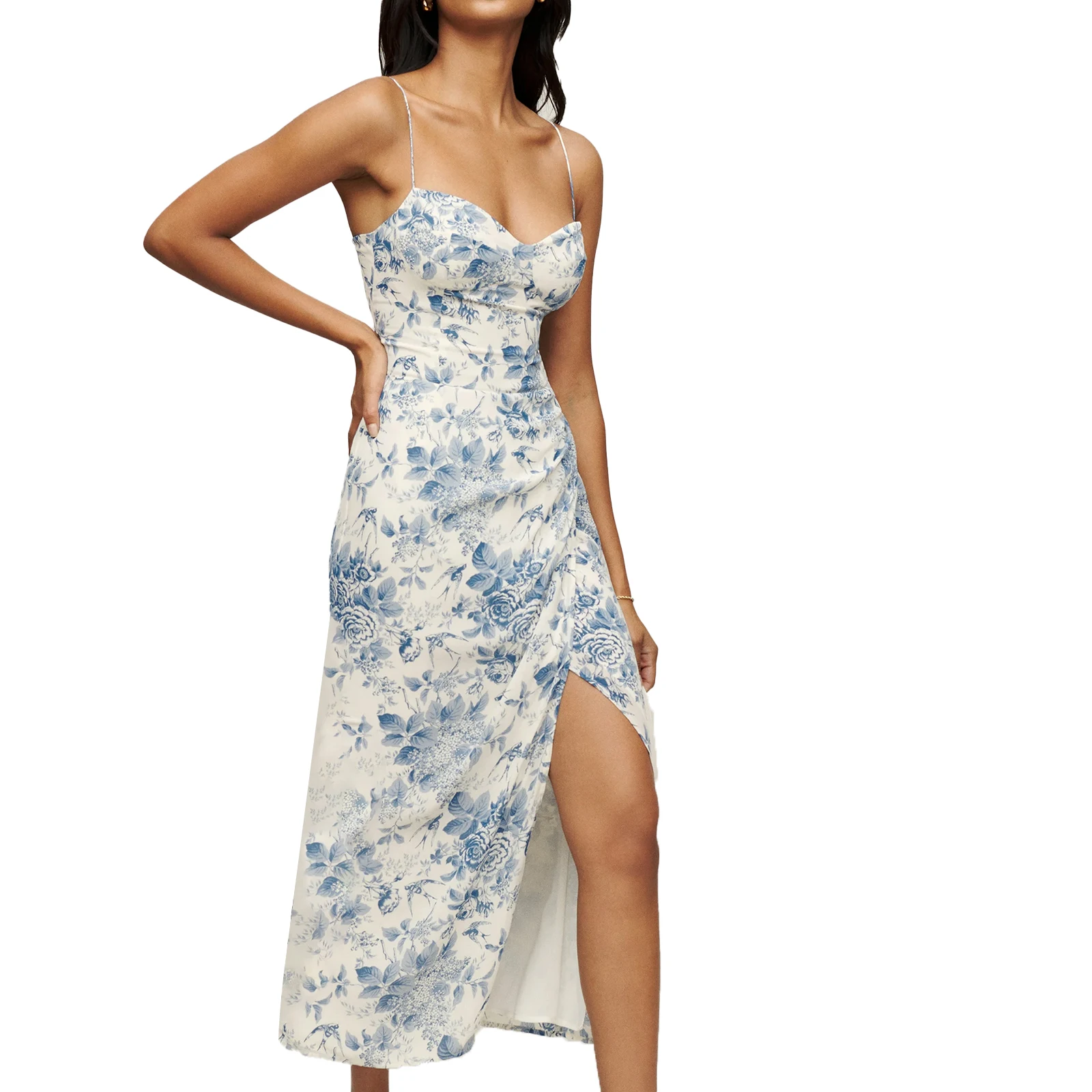 Women Floral Sleeveless Dress Summer Spaghetti Strap Split Party Long Dress for Cocktail Beach Streetwear