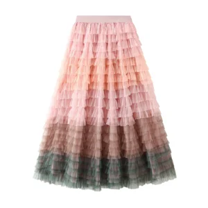 Women Tulle Tutu Skirt Multilayer Casual Gradient Color Elastic Mesh Princess Skirt for Streetwear
