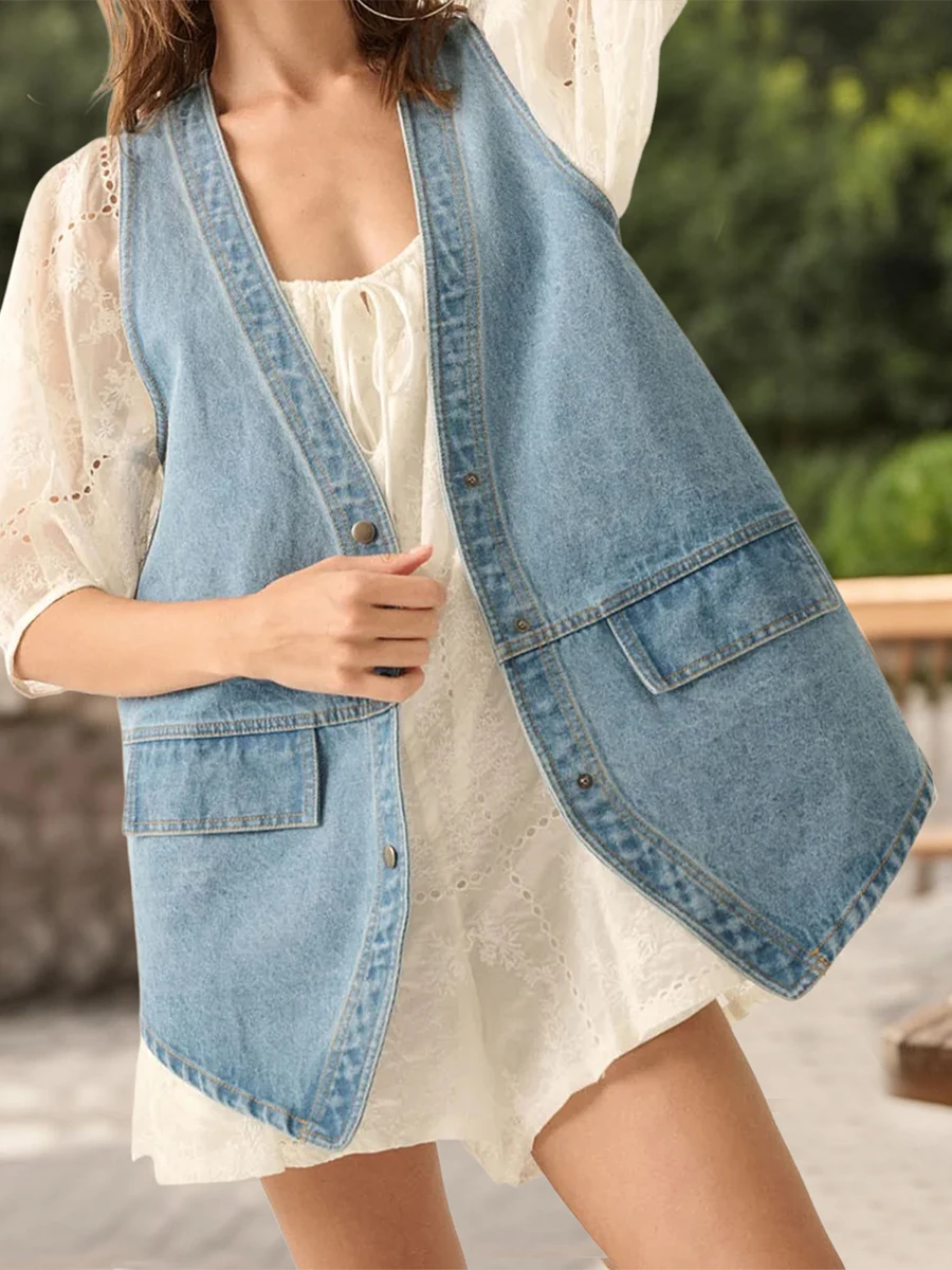 Stylish Sleeveless V Neck Denim Vest with Pockets and Button Up Closure for Women - Solid Color Tank Top Trend - Image 7
