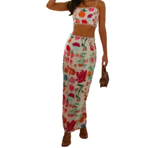 Women s Matching Set Crop Top and Skirt Outfit with Tropical Fruit Print Adjustable Spaghetti Straps and High Waist Design