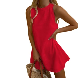Women Mini Dress Sleeveless Crew Neck Solid Loose A-line Dress Streetwear for Club Party