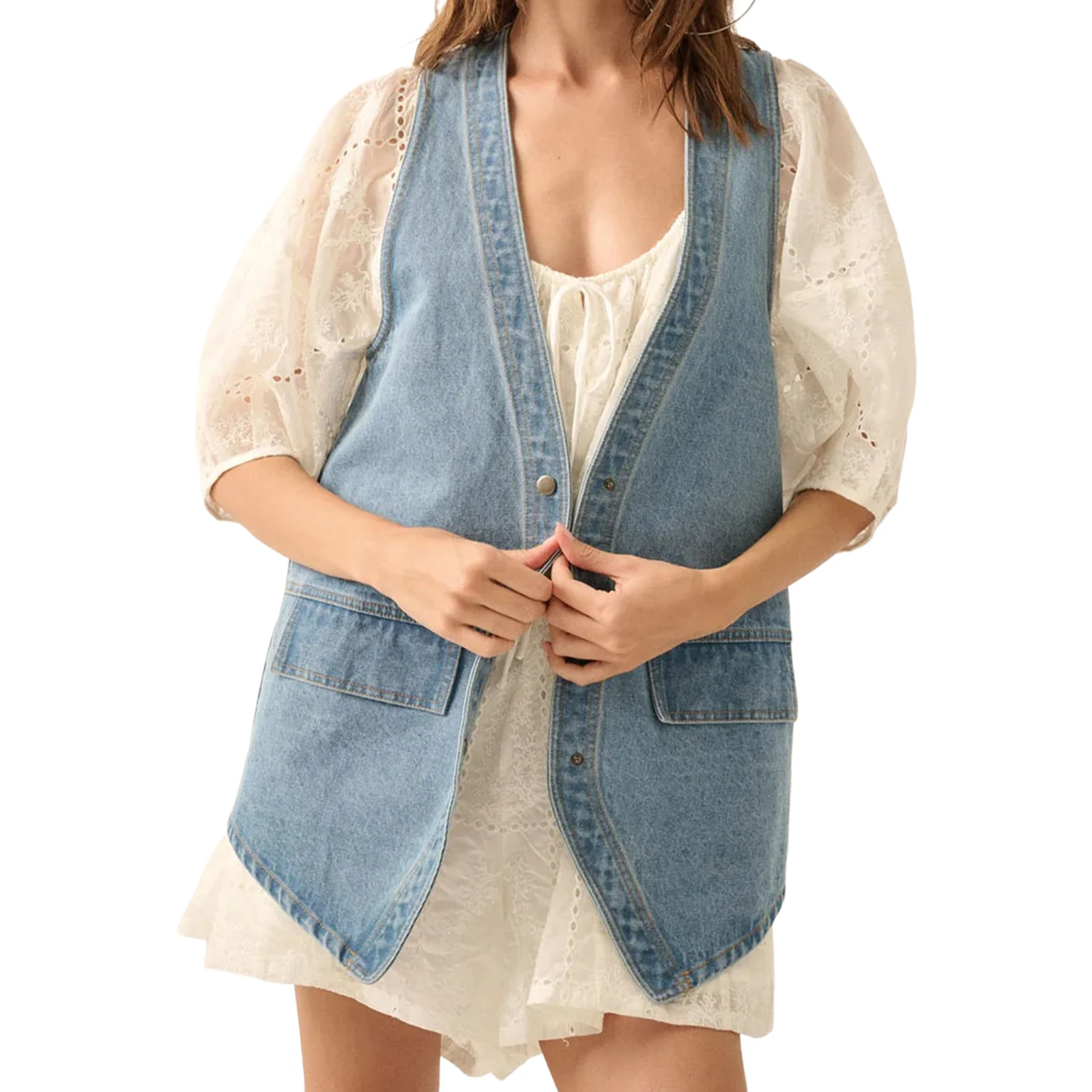 Stylish Sleeveless V Neck Denim Vest with Pockets and Button Up Closure for Women - Solid Color Tank Top Trend