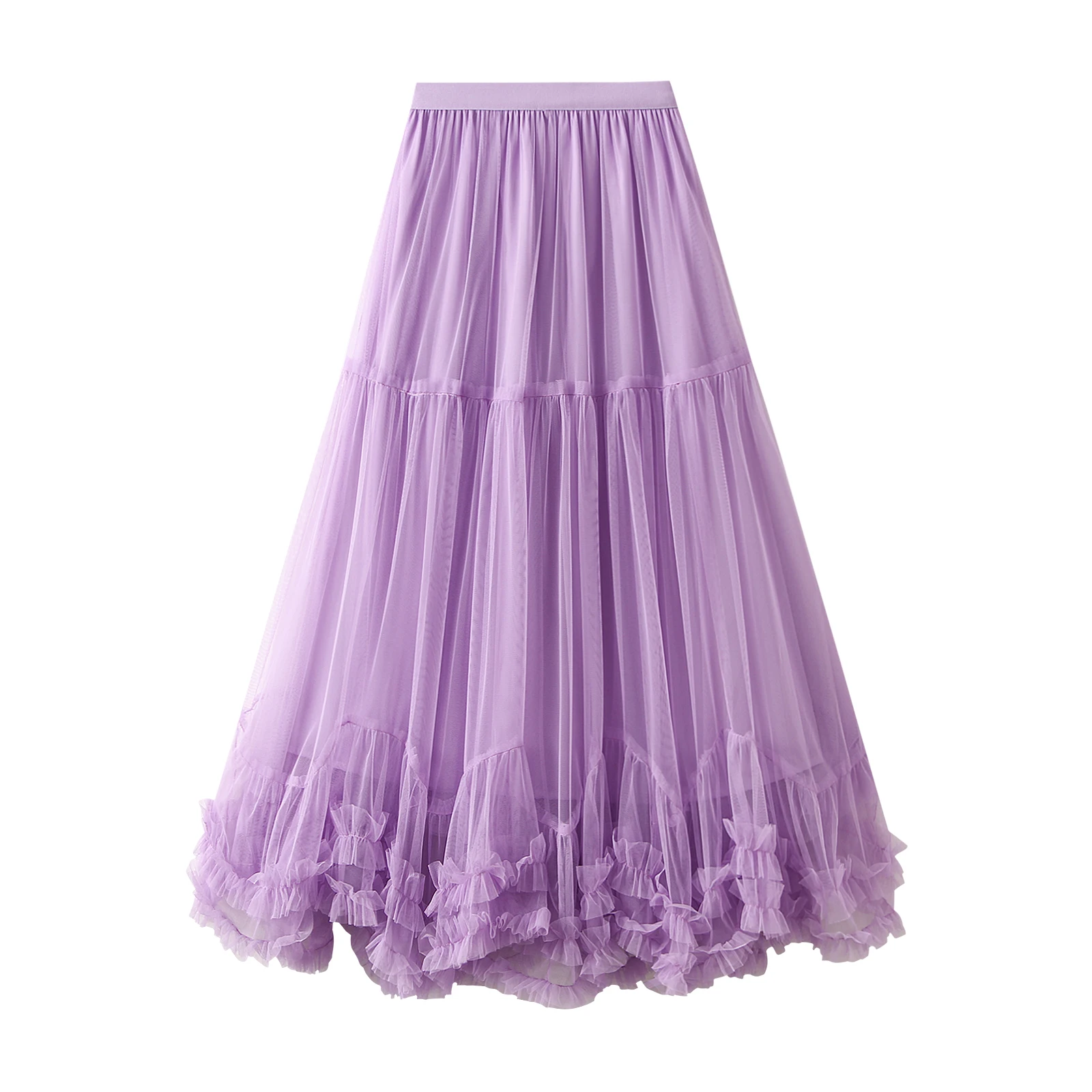 Women’s Tulle Long Skirts Elastic High Waist Ruffle Hem Tutu Skirts Fluffy A-line Midi Skirts - Image 6