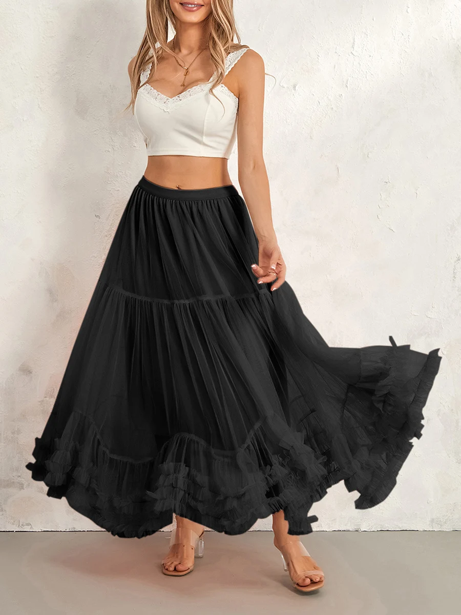 Women’s Tulle Long Skirts Elastic High Waist Ruffle Hem Tutu Skirts Fluffy A-line Midi Skirts - Image 9