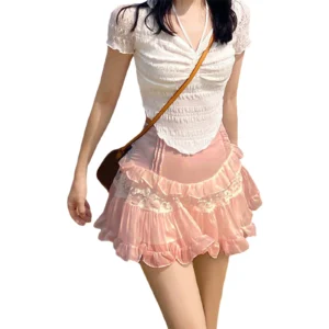 Women s Summer Mini Skirts Cute High Waist Lace Patchwork Ruffle Hem A-Line Skirts