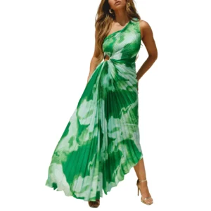 Women Long Dress Sleeveless One-shoulder Pleated Hollowed Tie-dye Print Summer Swing Dress Vacation Dress