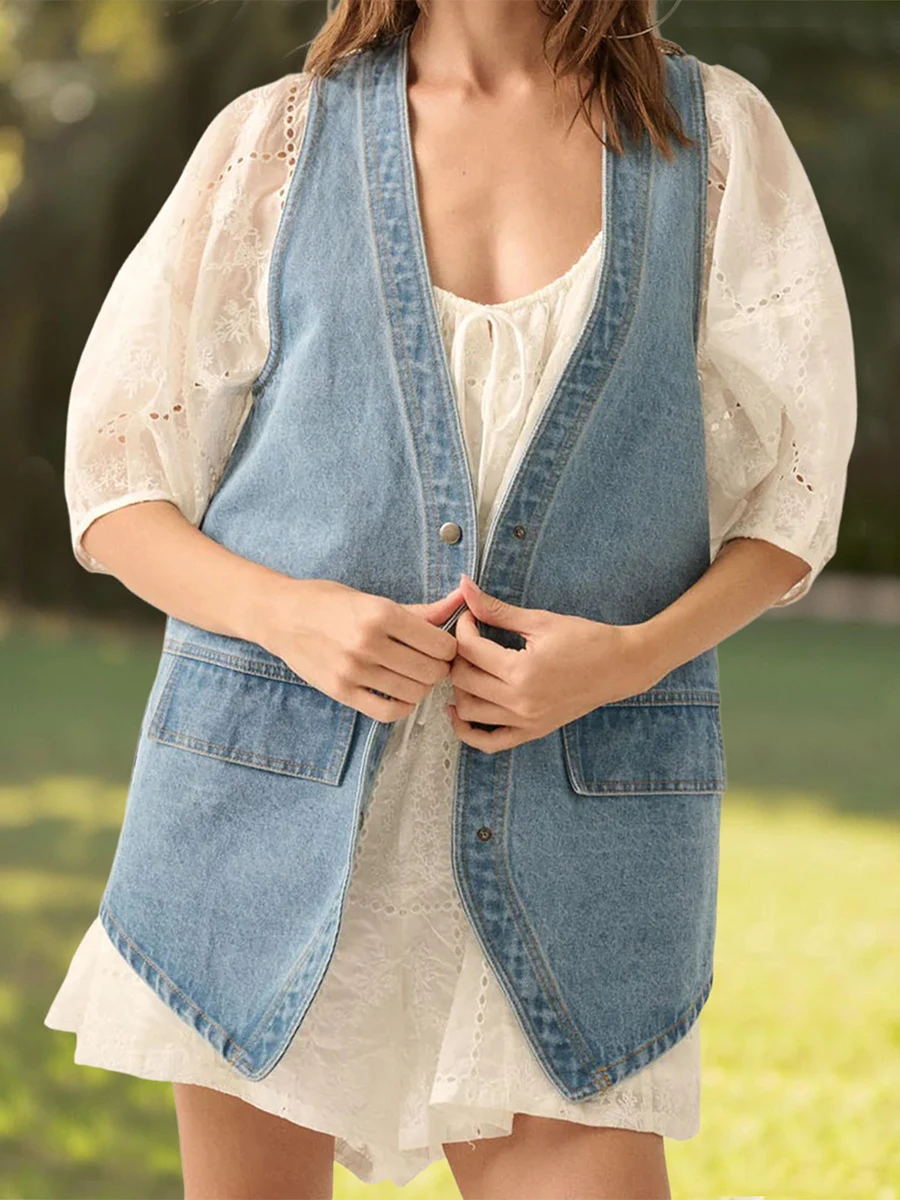 Stylish Sleeveless V Neck Denim Vest with Pockets and Button Up Closure for Women - Solid Color Tank Top Trend - Image 5