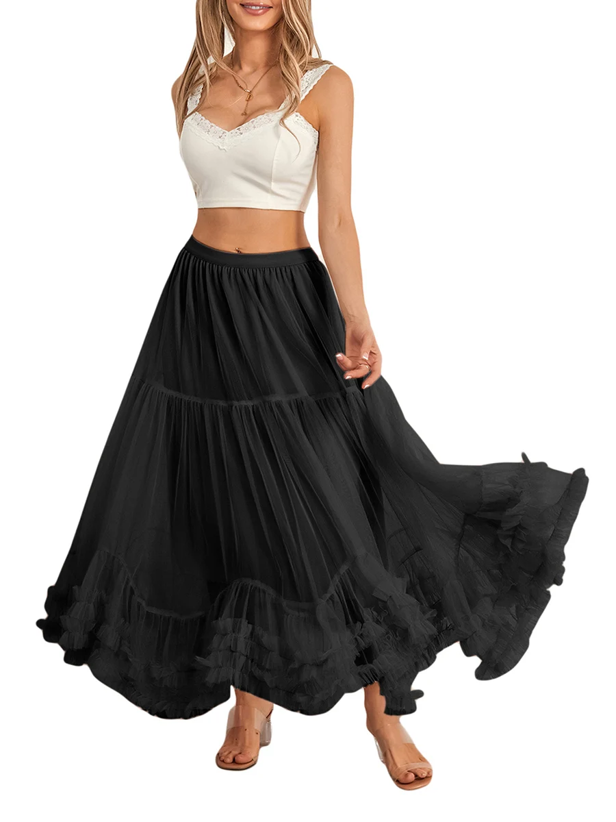 Women’s Tulle Long Skirts Elastic High Waist Ruffle Hem Tutu Skirts Fluffy A-line Midi Skirts - Image 8