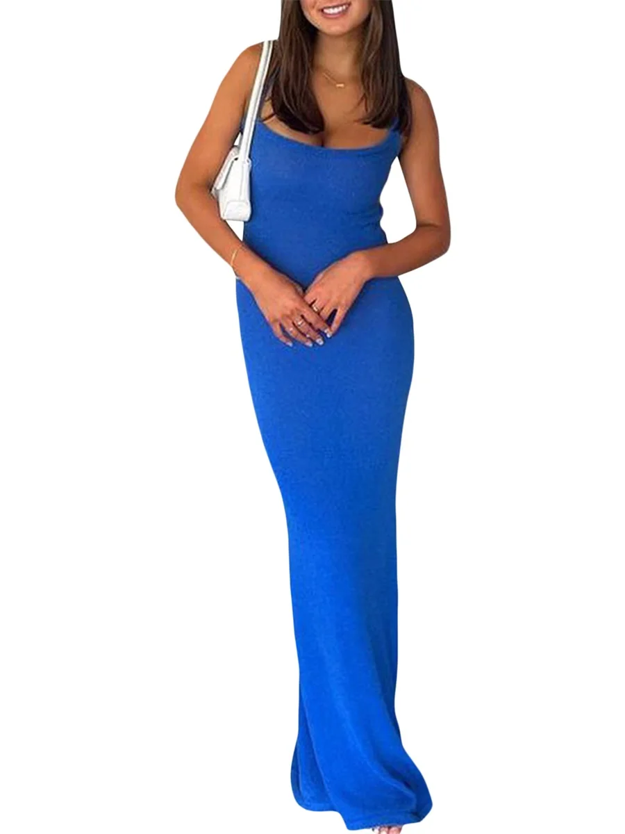 Women s Summer Long Evening Dress Solid Color Sleeveless Backless Spaghetti Strap Dress - Image 5
