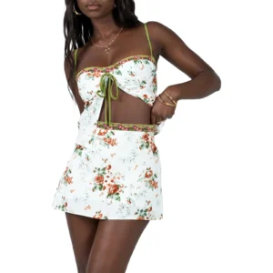 Women Tops Skirt Suit Sleeveless Split Sling Crop Vest Lace Floral Print Short Skirt Outfit