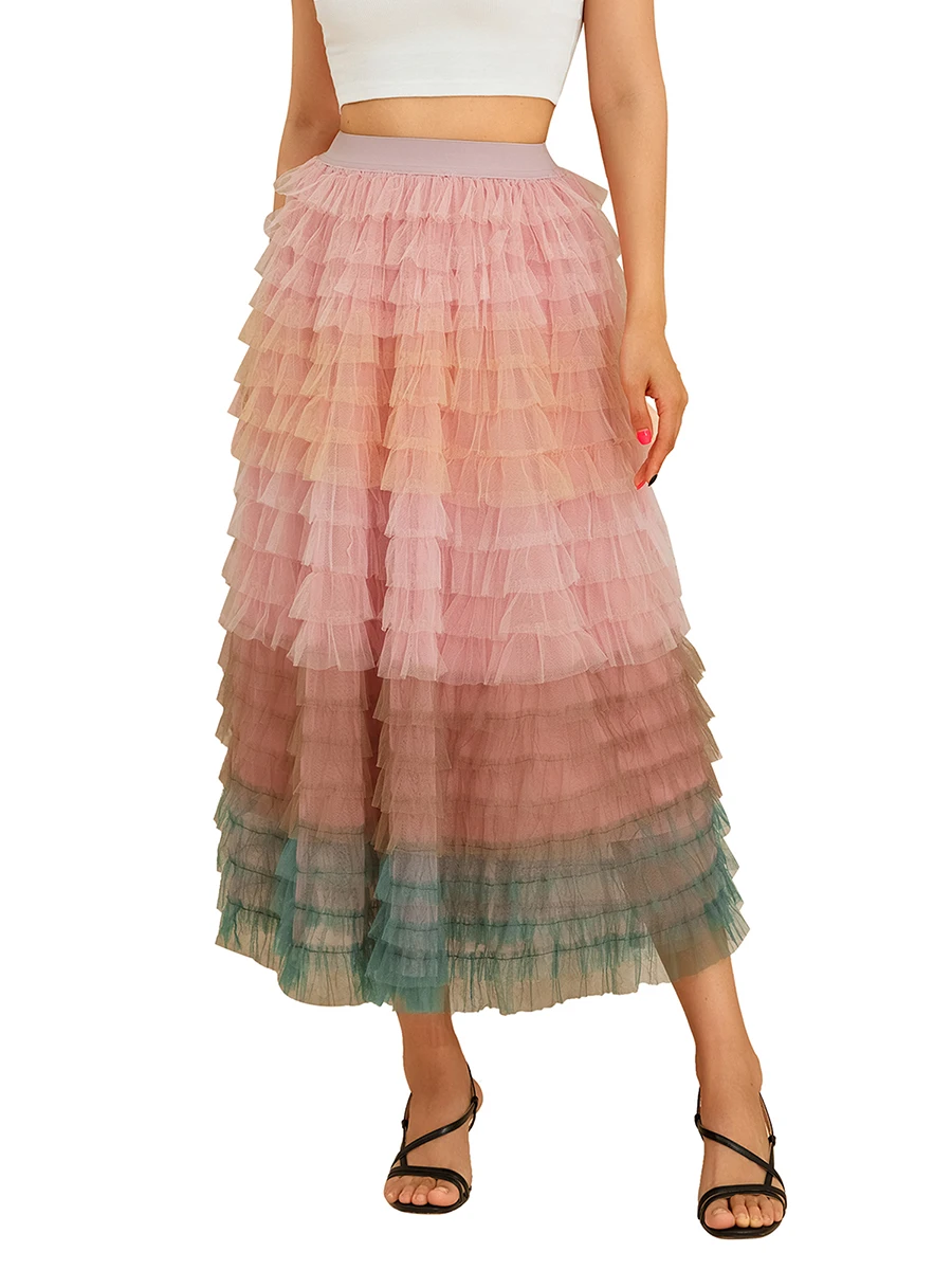 Women Tulle Tutu Skirt Multilayer Casual Gradient Color Elastic Mesh Princess Skirt for Streetwear - Image 9