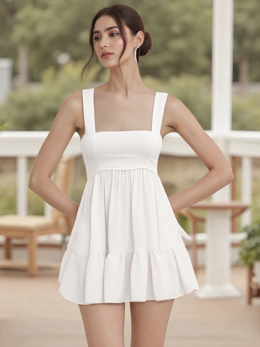 Women s Elegant Sleeveless V-Neck Ruffle Tiered Mini Dress with Open Back and Pockets - Chic A-Line Summer Dress - Image 7