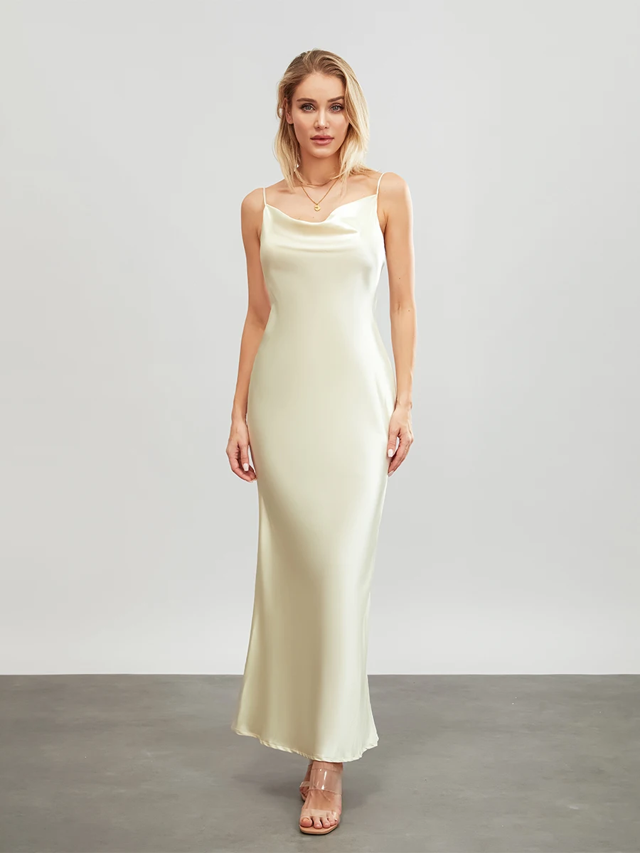 Women Long Bodycon Dress Solid Color Spaghetti Strap Cowl Neck Sleeveless Dress Summer Backless Cami Dress - Image 11