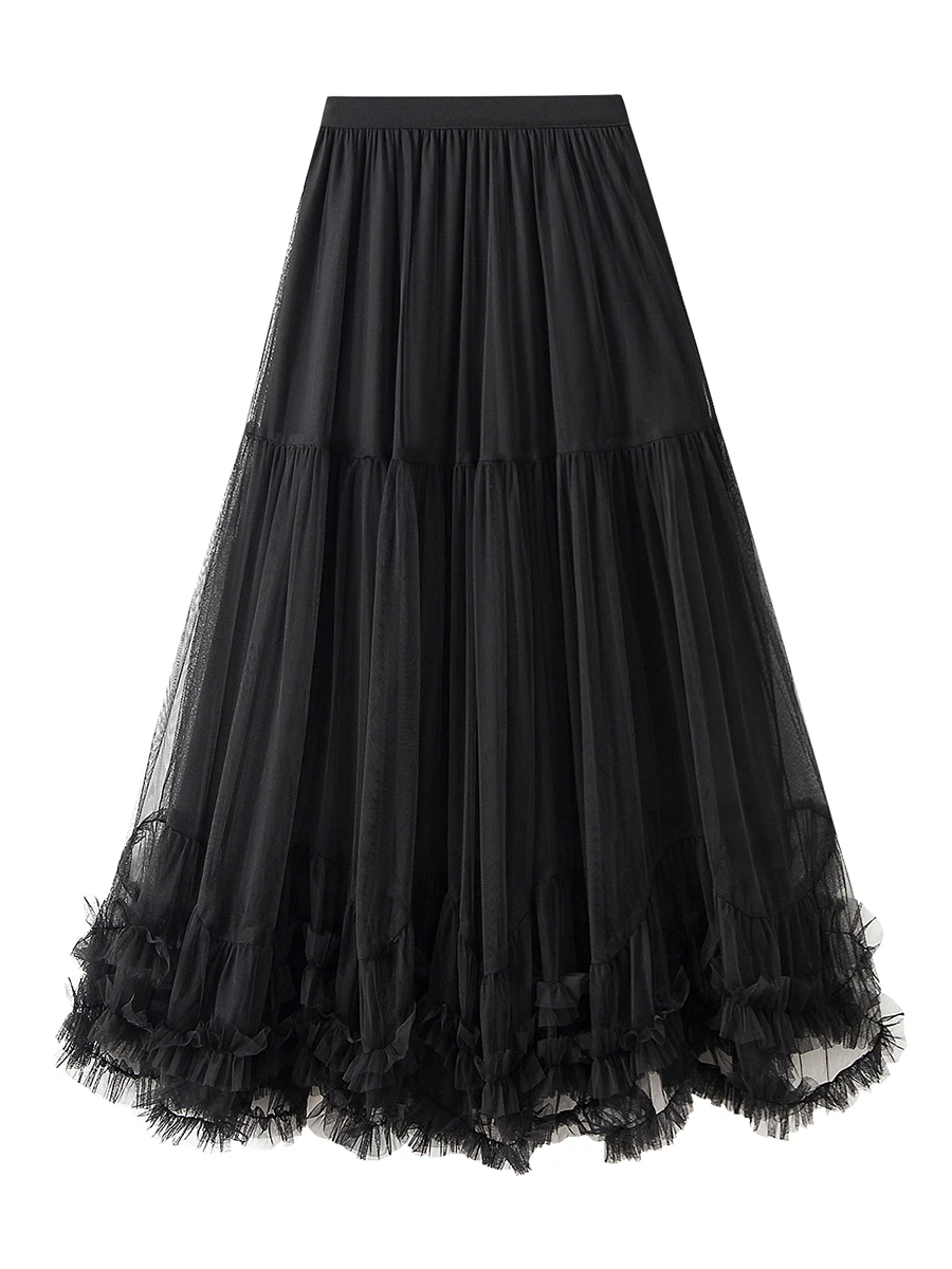 Women’s Tulle Long Skirts Elastic High Waist Ruffle Hem Tutu Skirts Fluffy A-line Midi Skirts - Image 7