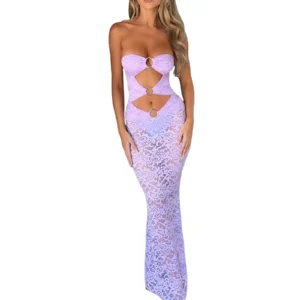 Women Lace Dress Strapless Backless Hollowed Sheer Dress  Long Cocktail Dress