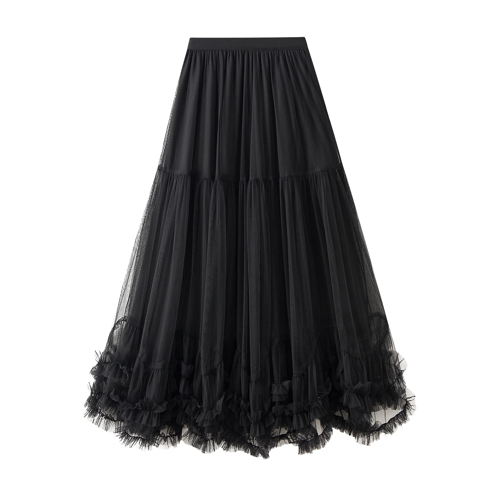 Women’s Tulle Long Skirts Elastic High Waist Ruffle Hem Tutu Skirts Fluffy A-line Midi Skirts - Image 2