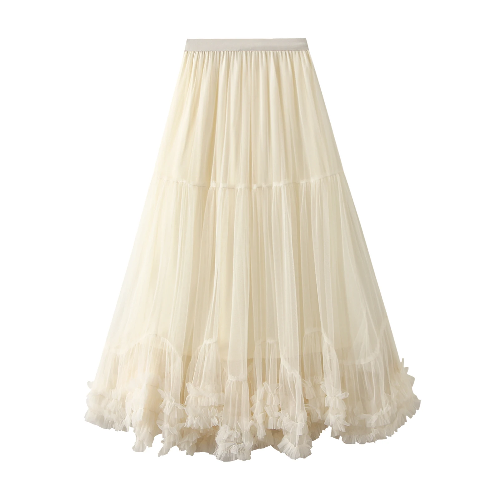 Women’s Tulle Long Skirts Elastic High Waist Ruffle Hem Tutu Skirts Fluffy A-line Midi Skirts - Image 4