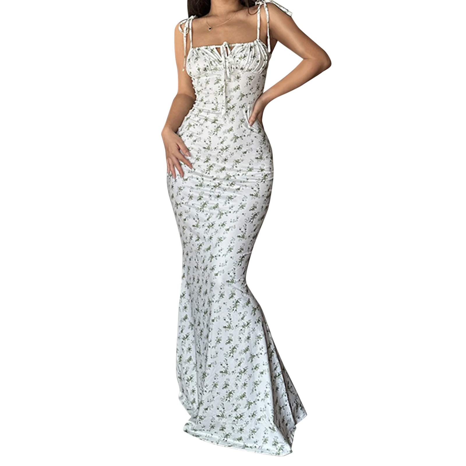 Elegant Floral Print Spaghetti Strap Dress with Drawstring Waist and Fit Design Ideal for Summer and Spring Events - Image 2