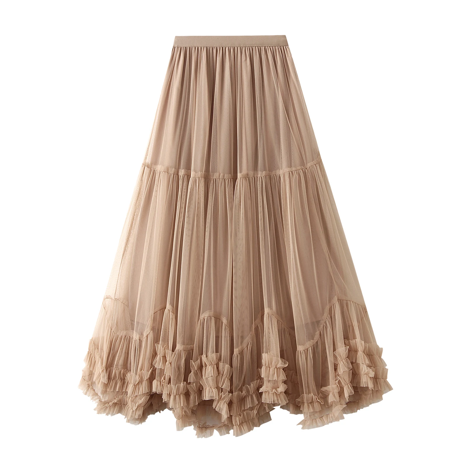 Women’s Tulle Long Skirts Elastic High Waist Ruffle Hem Tutu Skirts Fluffy A-line Midi Skirts - Image 3