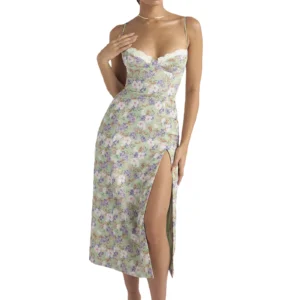 Women Sling Dress Spaghetti Straps Backless Lace Patchwork Flower Print Midi Dress