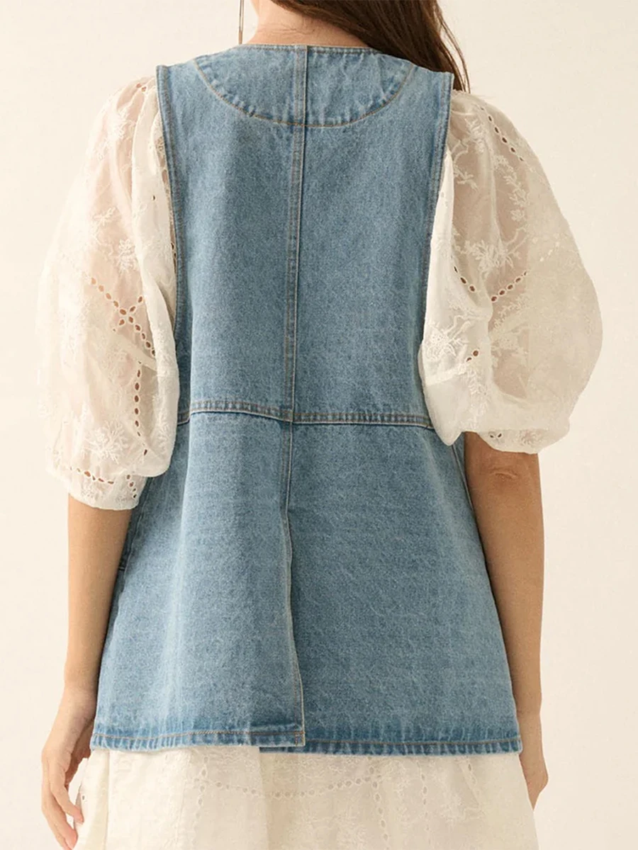 Stylish Sleeveless V Neck Denim Vest with Pockets and Button Up Closure for Women - Solid Color Tank Top Trend - Image 3