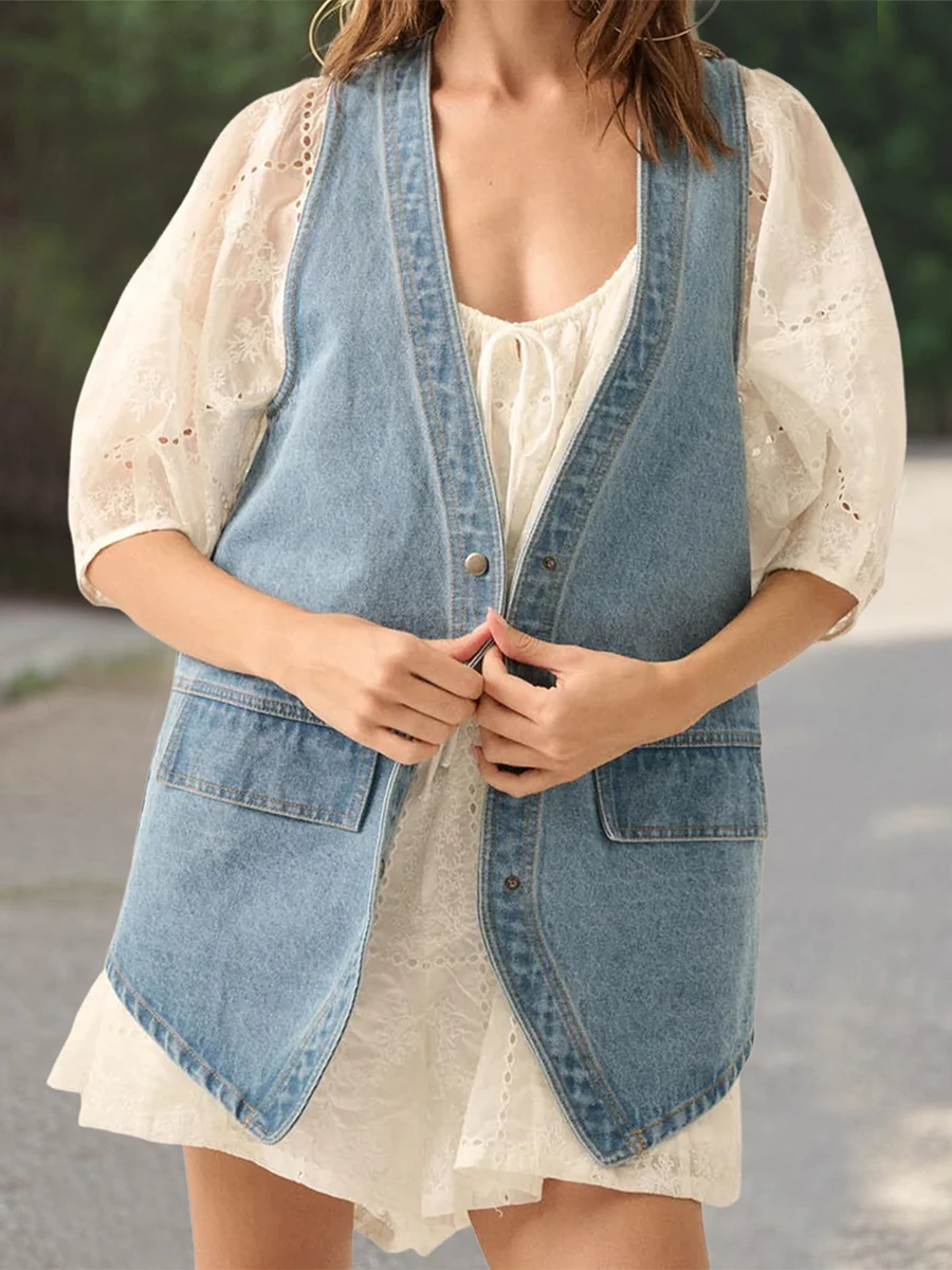 Stylish Sleeveless V Neck Denim Vest with Pockets and Button Up Closure for Women - Solid Color Tank Top Trend - Image 4