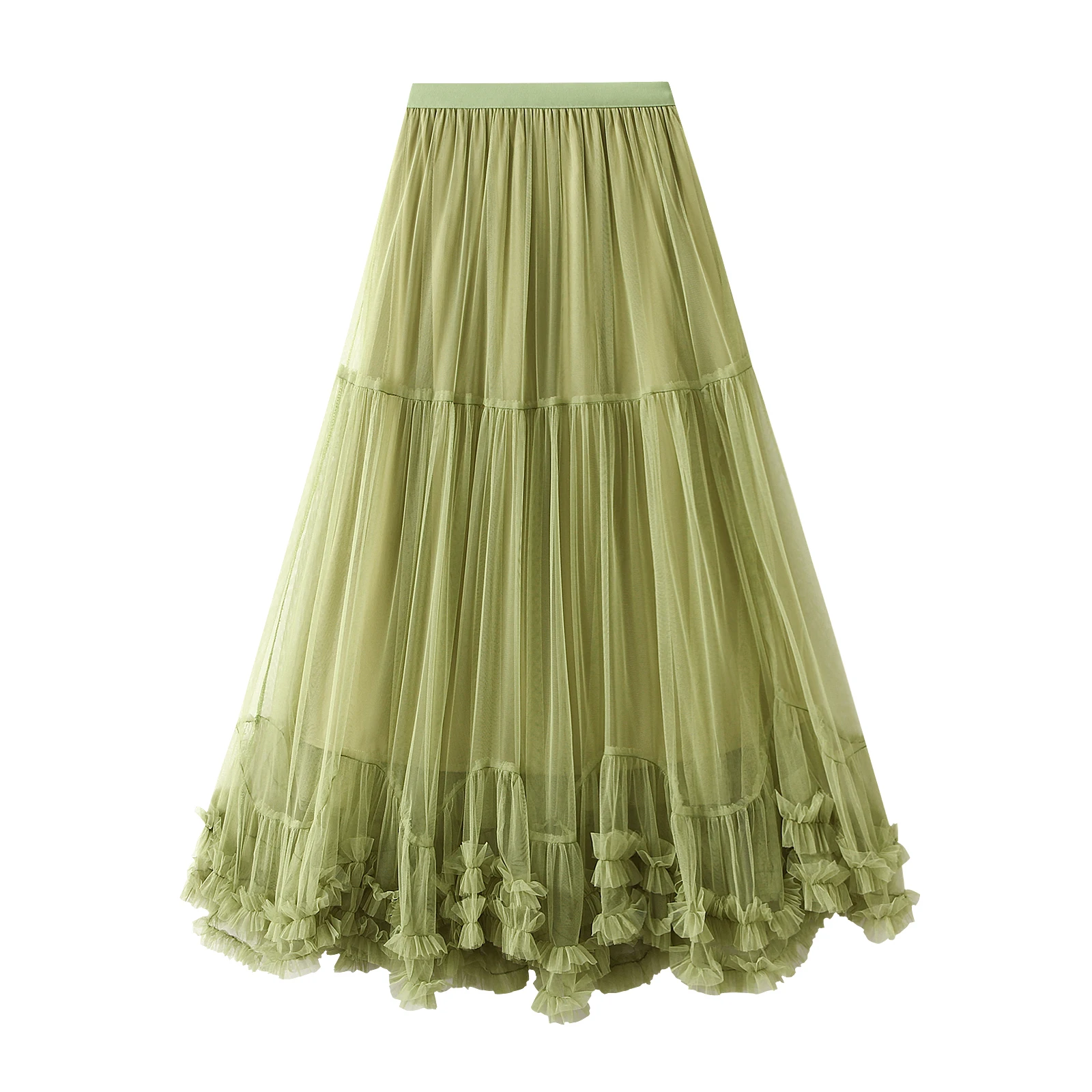 Women’s Tulle Long Skirts Elastic High Waist Ruffle Hem Tutu Skirts Fluffy A-line Midi Skirts - Image 5
