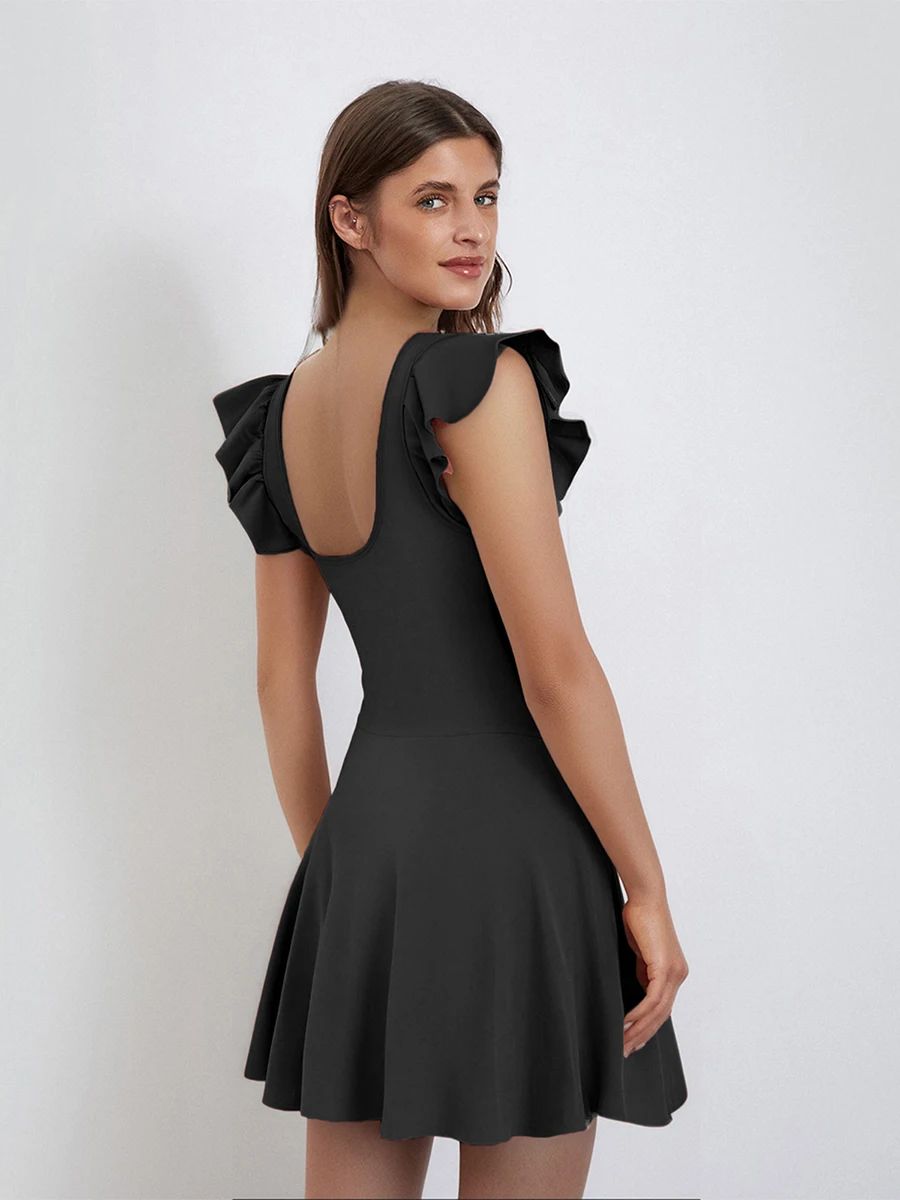 Elegant Swimsuit Dress with U Neckline Flutter Sleeves Side Tie-up Detail and Backless Design for Women - Image 5