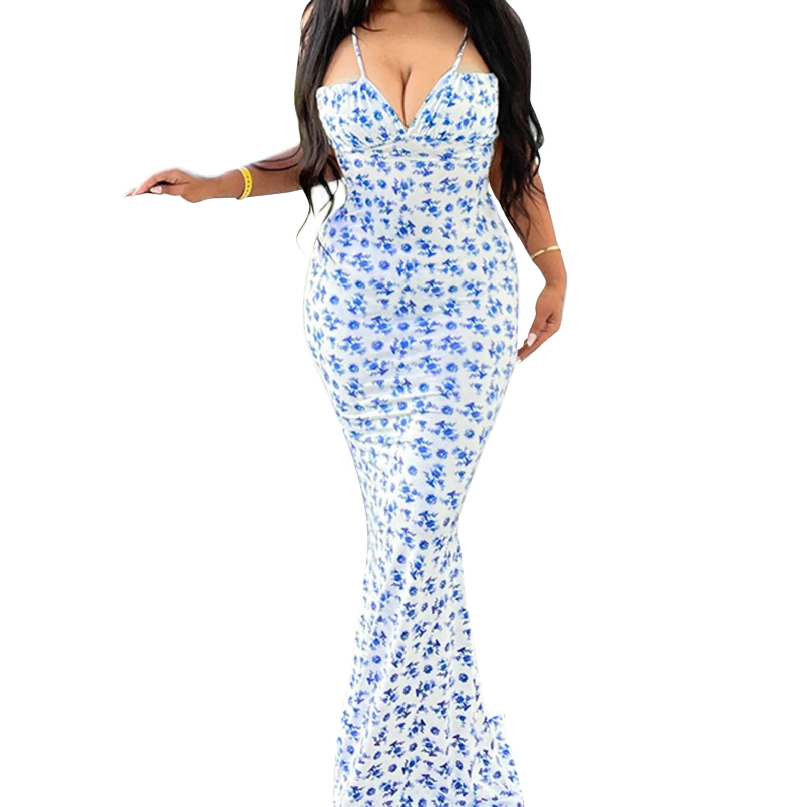 Elegant Floral Print Spaghetti Strap Dress with Drawstring Waist and Fit Design Ideal for Summer and Spring Events - Image 4