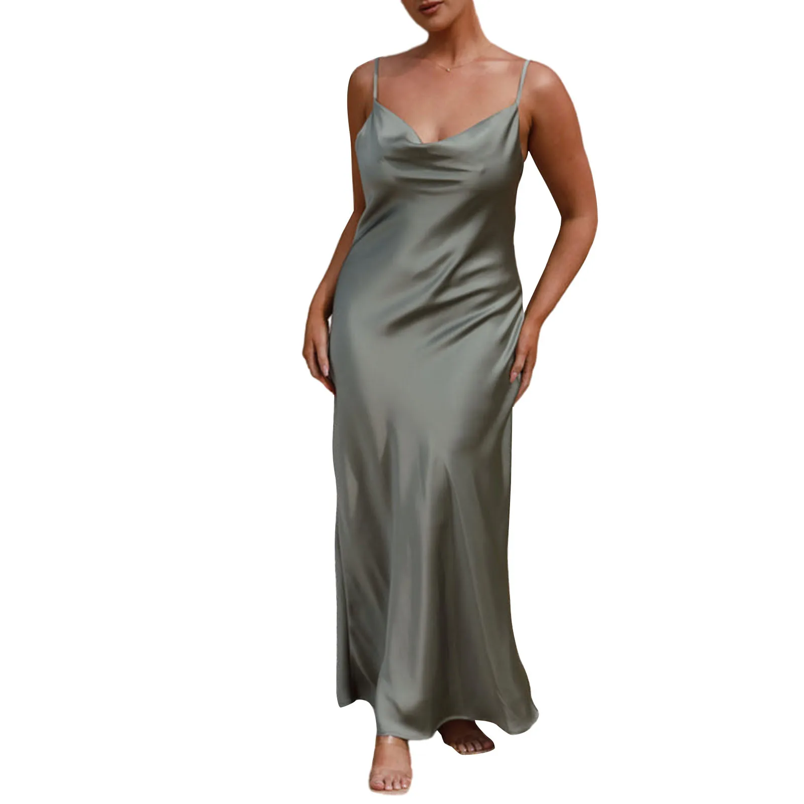 Women Long Bodycon Dress Solid Color Spaghetti Strap Cowl Neck Sleeveless Dress Summer Backless Cami Dress - Image 7