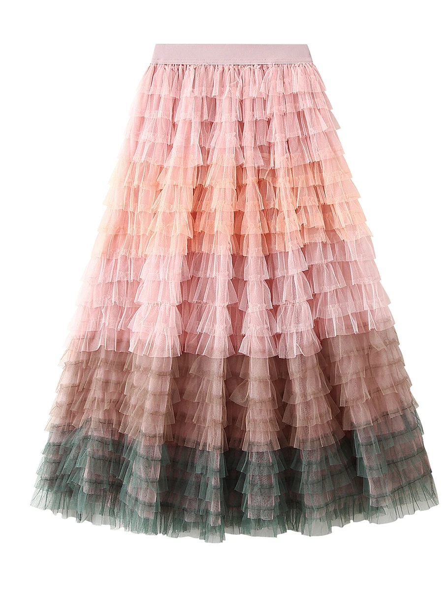 Women Tulle Tutu Skirt Multilayer Casual Gradient Color Elastic Mesh Princess Skirt for Streetwear - Image 4
